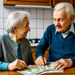 An elderly Polish couple, a husband and wife, sitting comfortably at their kitchen table, bathed in soft, natural light. The wife wears a modest, patterned blouse and cardigan, and the husband a sensible sweater over a collared shirt. On the table in front of them are a savings passbook, a small stack of Polish Złoty banknotes, and a set of house keys, symbolizing their focus on tangible assets and emergency funds. Their expressions convey a sense of calm wisdom and security, born from past economic challenges. The background is a clean, cozy, traditional Polish kitchen. fully clothed, modest clothing, appropriate attire, family-friendly, professional photography, high detail, perfect anatomy, correct proportions, natural pose, well-formed hands, proper finger count, natural body proportions, safe for work, appropriate content.