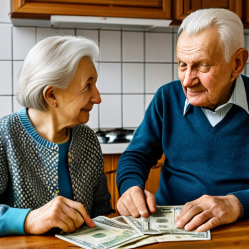 Home 4 An elderly Polish couple, a husband and wife, sitting comfortably at their kitchen table, bathed in soft, natural light. The wife wears a modest, patterned blouse and cardigan, and the husband a sensible sweater over a collared shirt. On the table in front of them are a savings passbook, a small stack of Polish Złoty banknotes, and a set of house keys, symbolizing their focus on tangible assets and emergency funds. Their expressions convey a sense of calm wisdom and security, born from past economic challenges. The background is a clean, cozy, traditional Polish kitchen. fully clothed, modest clothing, appropriate attire, family-friendly, professional photography, high detail, perfect anatomy, correct proportions, natural pose, well-formed hands, proper finger count, natural body proportions, safe for work, appropriate content.