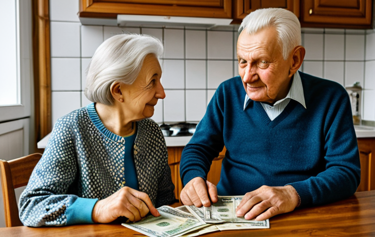 An elderly Polish couple, a husband and wife, sitting comfortably at their kitchen table, bathed in soft, natural light. The wife wears a modest, patterned blouse and cardigan, and the husband a sensible sweater over a collared shirt. On the table in front of them are a savings passbook, a small stack of Polish Złoty banknotes, and a set of house keys, symbolizing their focus on tangible assets and emergency funds. Their expressions convey a sense of calm wisdom and security, born from past economic challenges. The background is a clean, cozy, traditional Polish kitchen. fully clothed, modest clothing, appropriate attire, family-friendly, professional photography, high detail, perfect anatomy, correct proportions, natural pose, well-formed hands, proper finger count, natural body proportions, safe for work, appropriate content.
